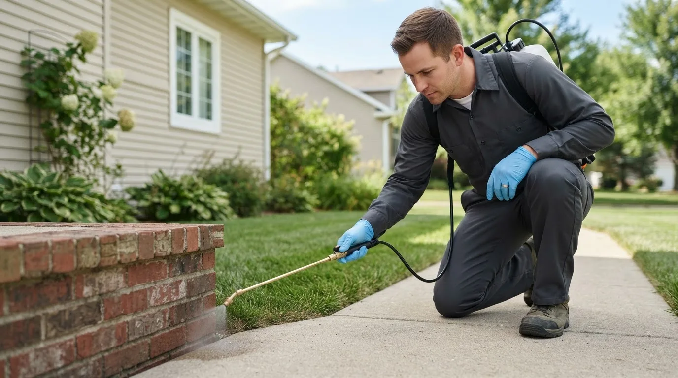 Pest control technician treating a home near Asher, OK