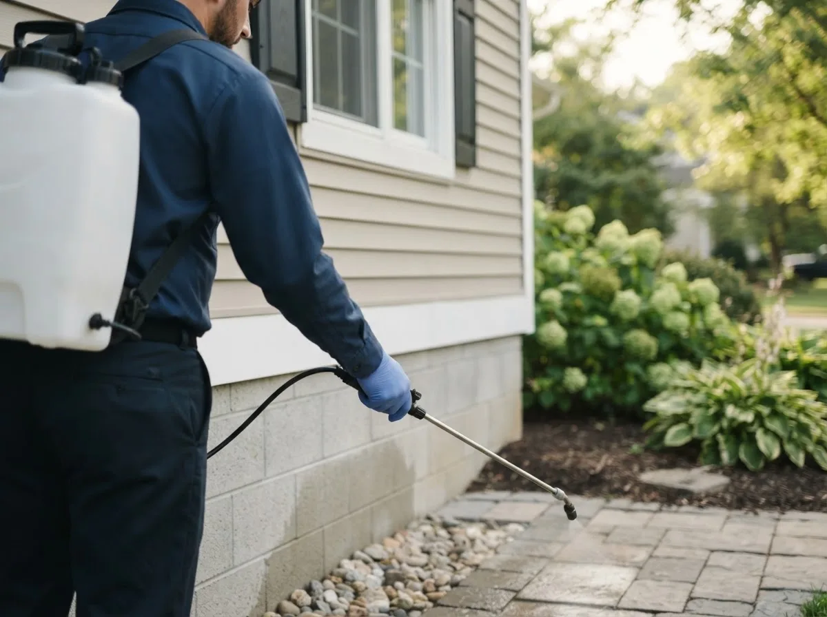 Pest control technician inspecting a home in Asher, OK